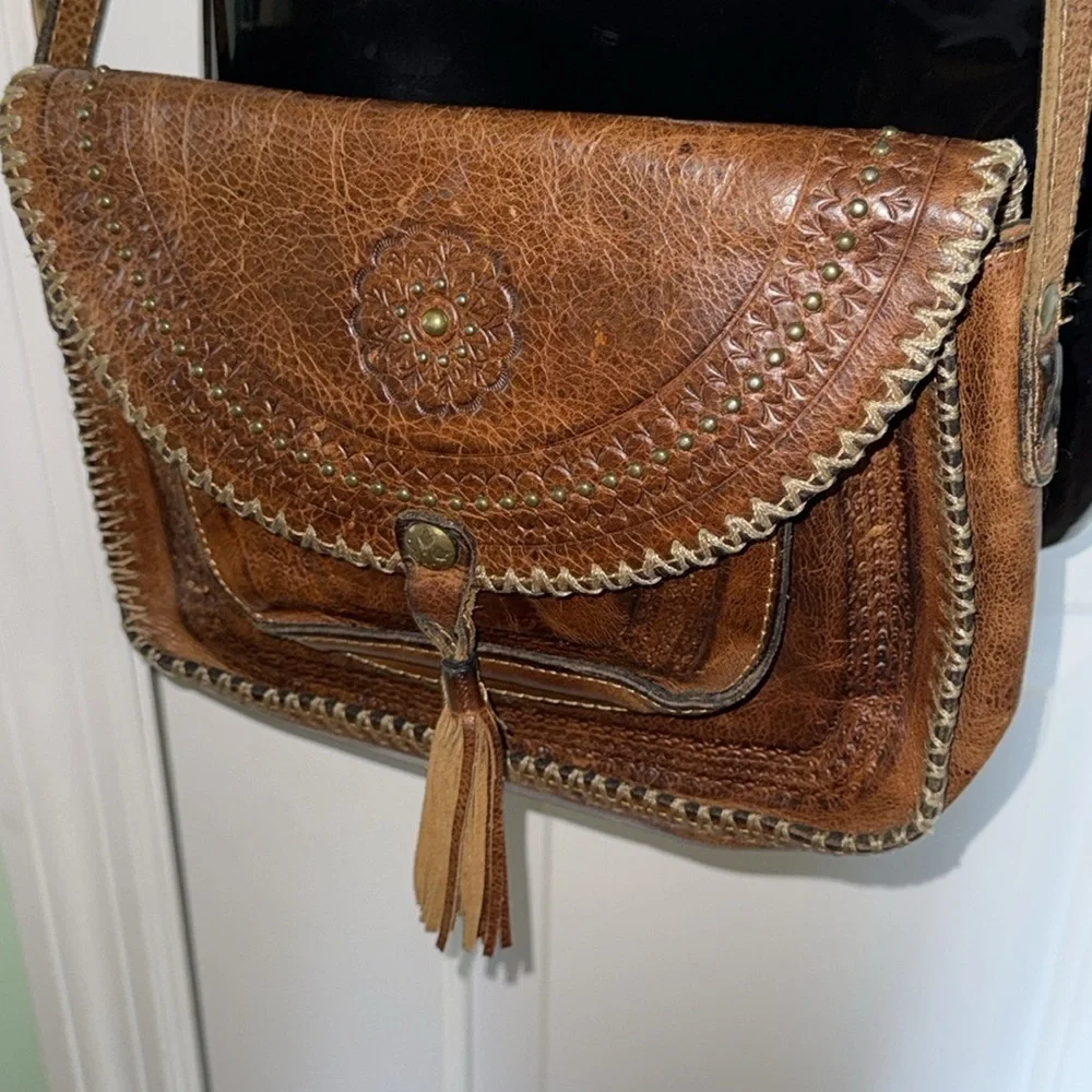 Patricia Nash Brown Beaumont Tooled Leather Boho Western Crossbody Bag